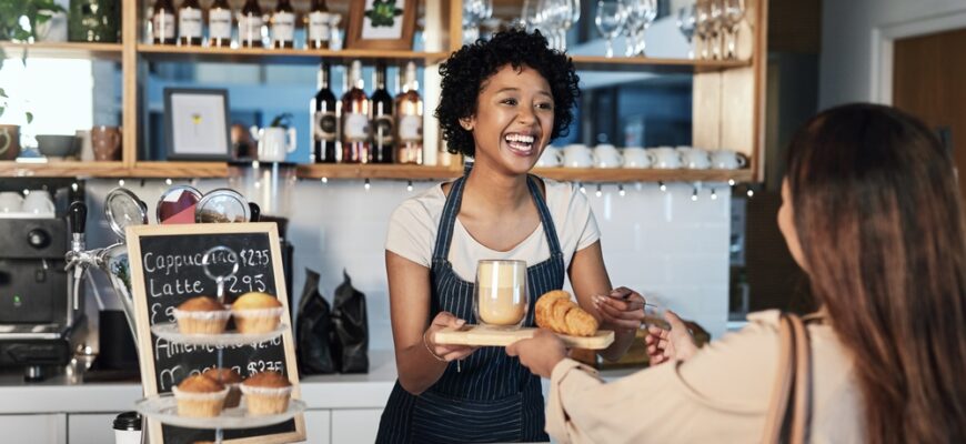 Happy,Woman,,Barista,And,Serving,Customer,At,Cafe,For,Service,